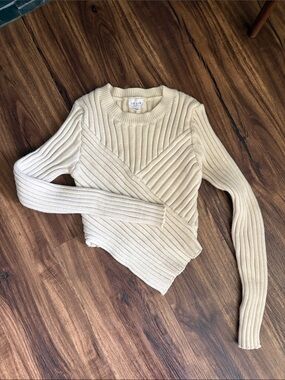 Le Lis Cream Ribbed Asymmetric Crewneck Sweater